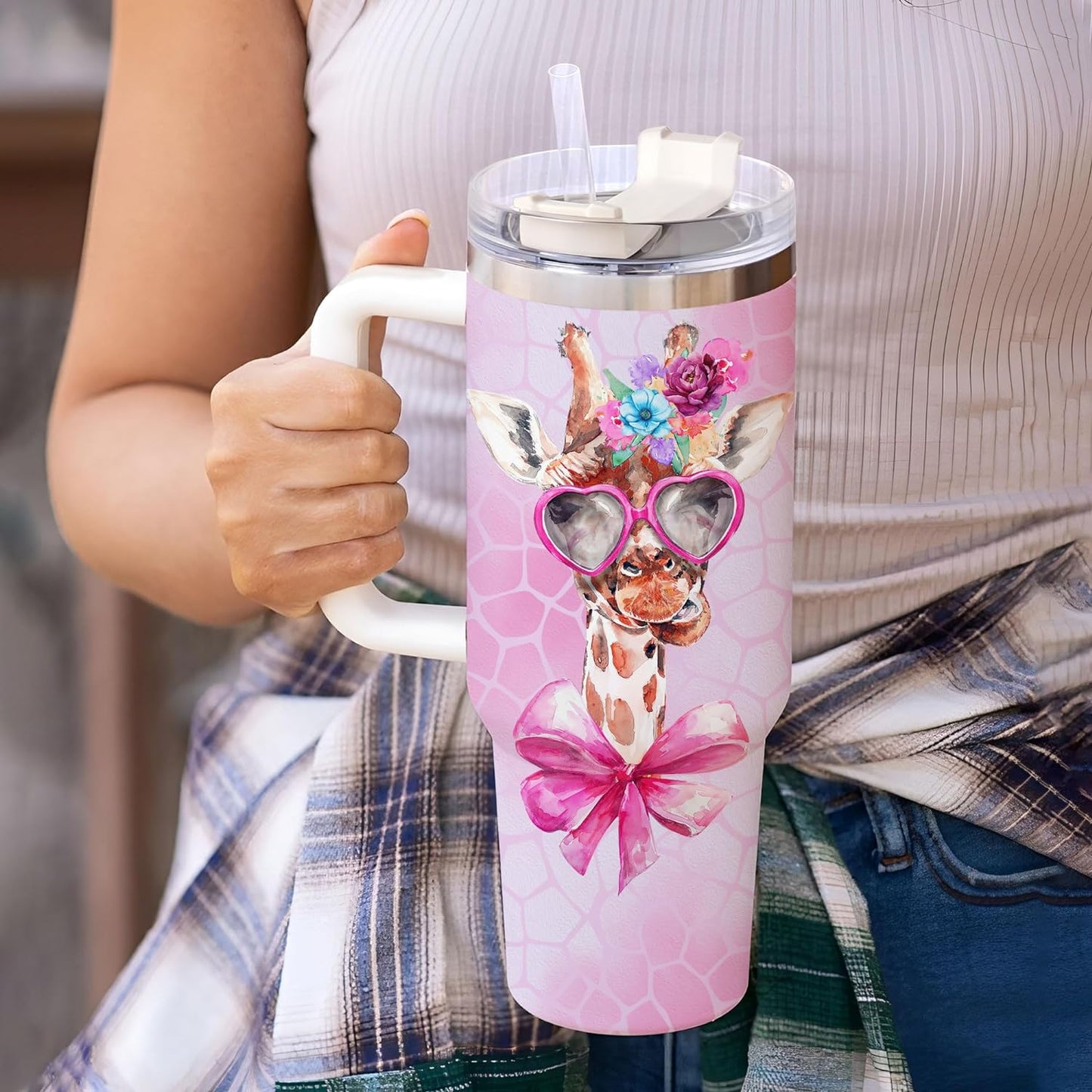 Cute Giraffe Tumbler 40oz – Personalized Stainless Steel Insulated Travel Cup with Handle & Straw – Stylish Gift for Giraffe Lovers