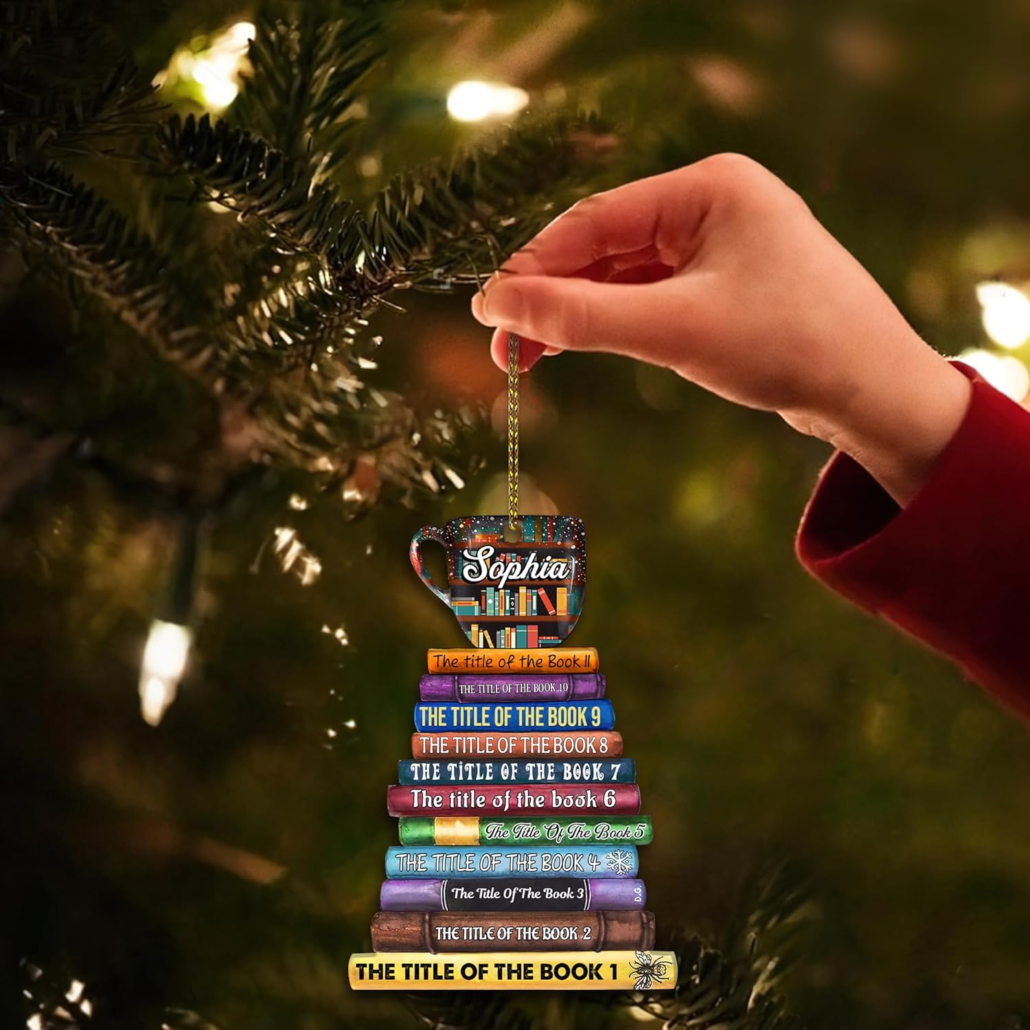 Personalized Book Stack Mug Cut Acrylic Ornament – Custom Reading Lover Christmas Gift for Librarian, Teacher, or Book Club Member