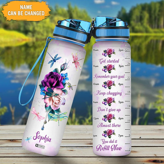 Flower Dragonfly - Personalized Water Tracker Bottle 32oz