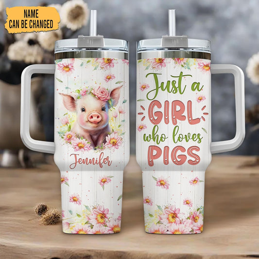 Pig Lover Tumbler 40oz – Personalized Stainless Steel Travel Cup with Handle & Straw, Insulated Coffee Mug – Cute Gift for Animal Lovers