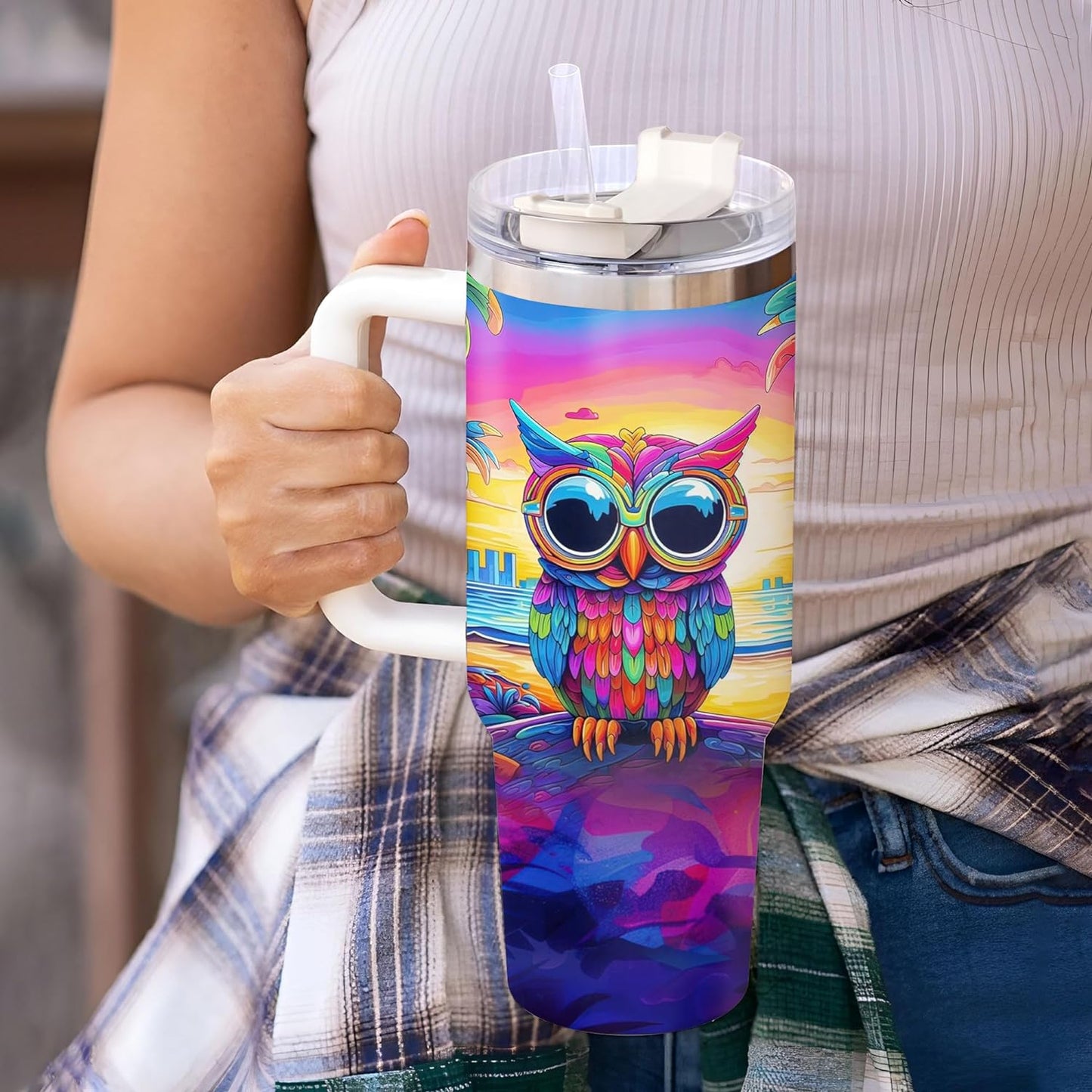 Colorful Sunset Owl Tumbler 40oz with Handle & Straw – Personalized Stainless Steel Insulated Cup with Lid – Unique Gift for Owl Lovers