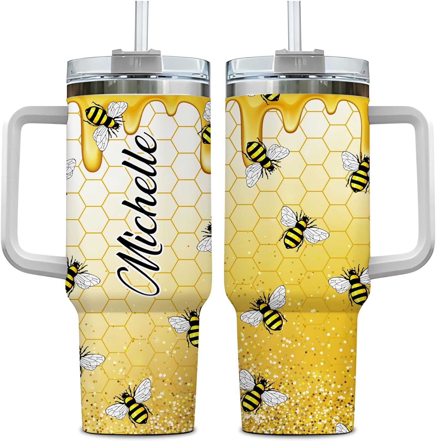 Honey Bee Tumbler 40oz with Handle & Straw – Personalized Stainless Steel Insulated Travel Cup with Lid – Creative Gift for Bee Lovers
