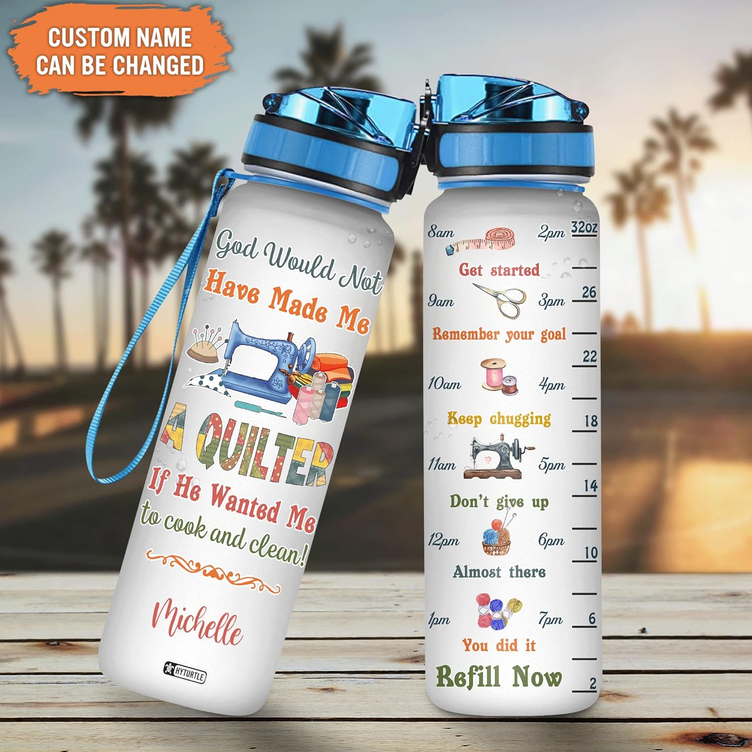 Quilter Sewing Theme Water Bottle Tracker 32oz – Personalized Motivational Hydration Bottle – Creative Gift for Sewing Lovers
