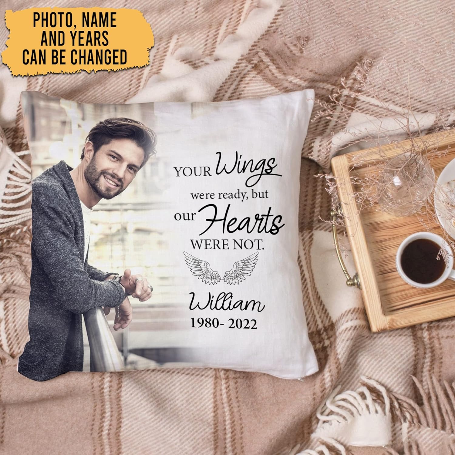 Your Wings Were Ready Personalized Memorial Pillow with Insert – Custom Photo Remembrance Cushion – Healing Bereavement Gift for Family