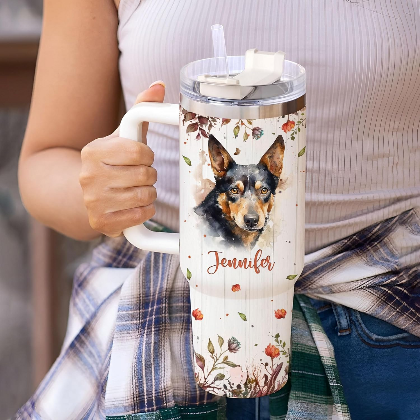 Australian Kelpie Lover Tumbler 40oz with Handle & Straw – Personalized Stainless Steel Insulated Cup – Unique Gift for Dog Moms