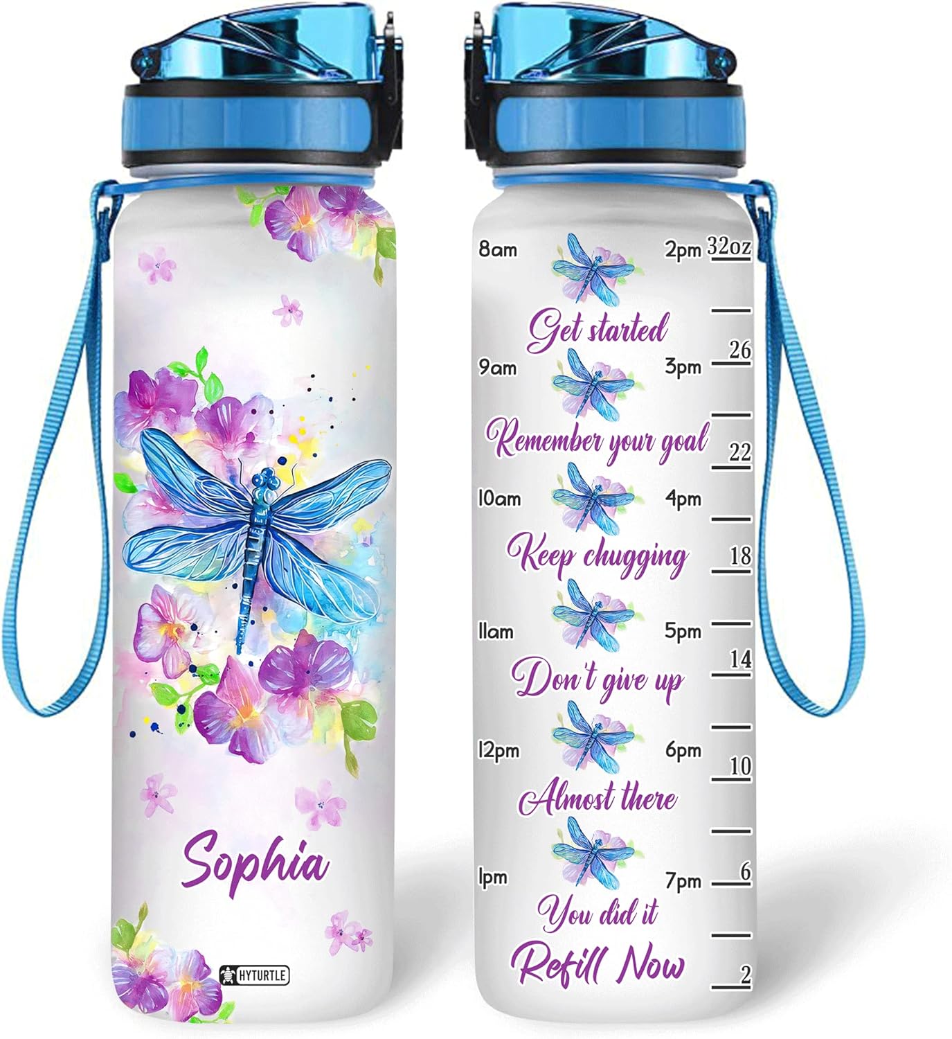 Dragonfly Flower Watercolor - Personalized Water Tracker Bottle 32oz