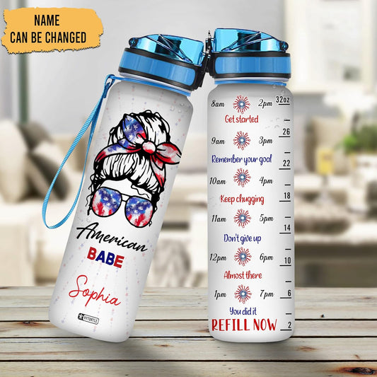 Babe American Flag - Personalized Water Tracker Bottle 32oz