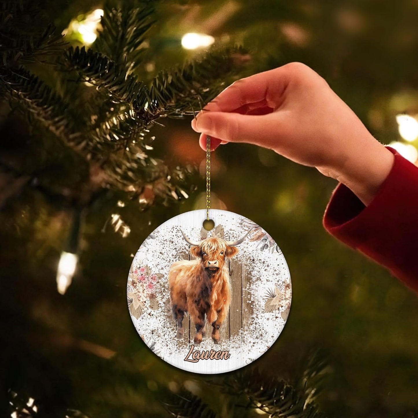 Highland Cow Floral Rustic Ceramic Ornament – Personalized Custom Name Circle Keepsake, Christmas or Birthday Gift for Highland Cow Lover Women