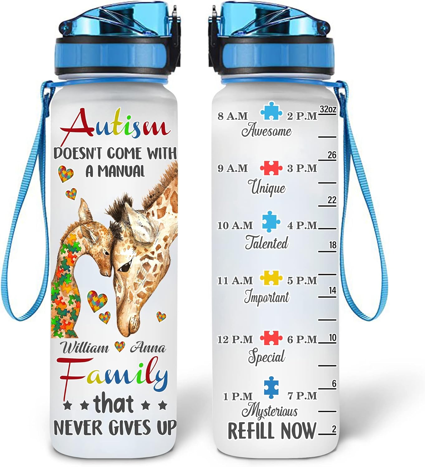 Autism Awareness Giraffe Water Bottle Tracker 32oz – Personalized Hydration Bottle with Time Marker – Inspirational Gift