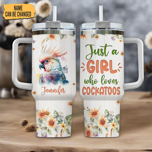 Cockatoo Tumbler 40oz with Handle & Straw – Personalized Stainless Steel Insulated Travel Cup with Lid – Fun Gift for Parrot Lovers