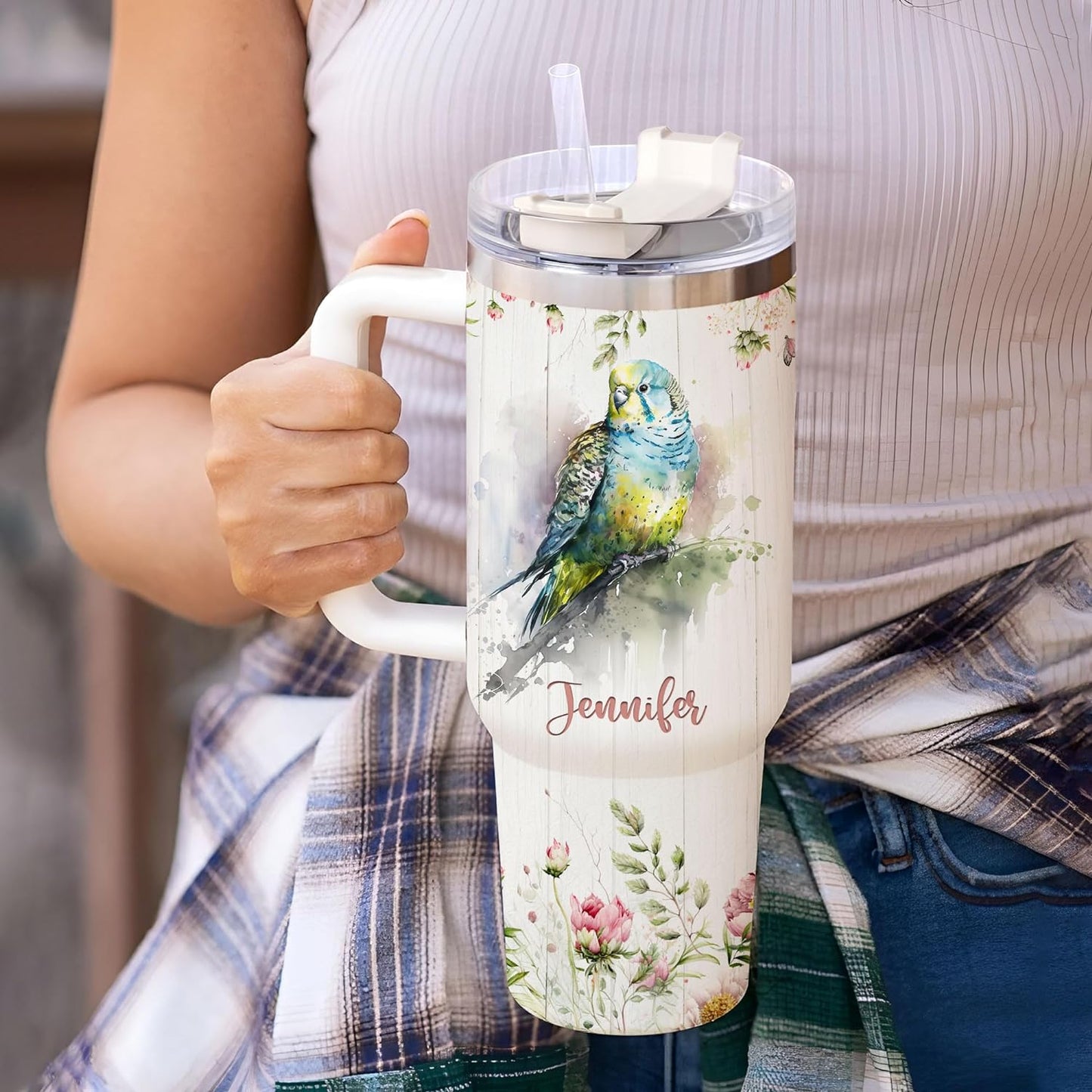 Budgie Tumbler 40oz – Personalized Stainless Steel Insulated Cup with Handle & Straw – Cute Parakeet Travel Mug Gift for Bird Lovers