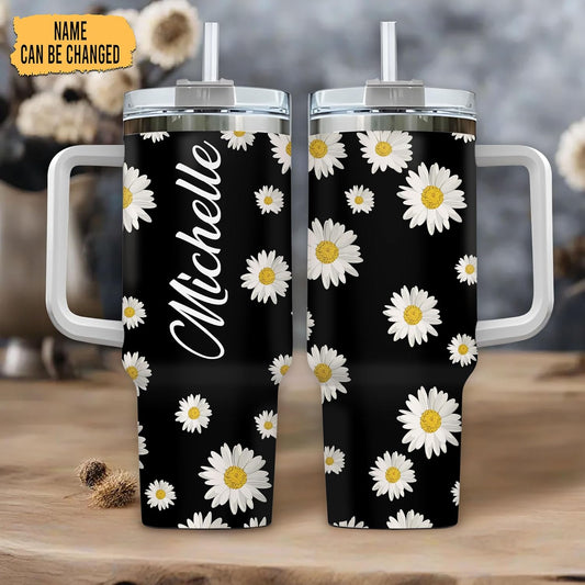 Daisy Flower Tumbler 40oz with Handle & Straw – Personalized Stainless Steel Insulated Travel Cup with Lid – Stylish Floral Gift for Women & Mom