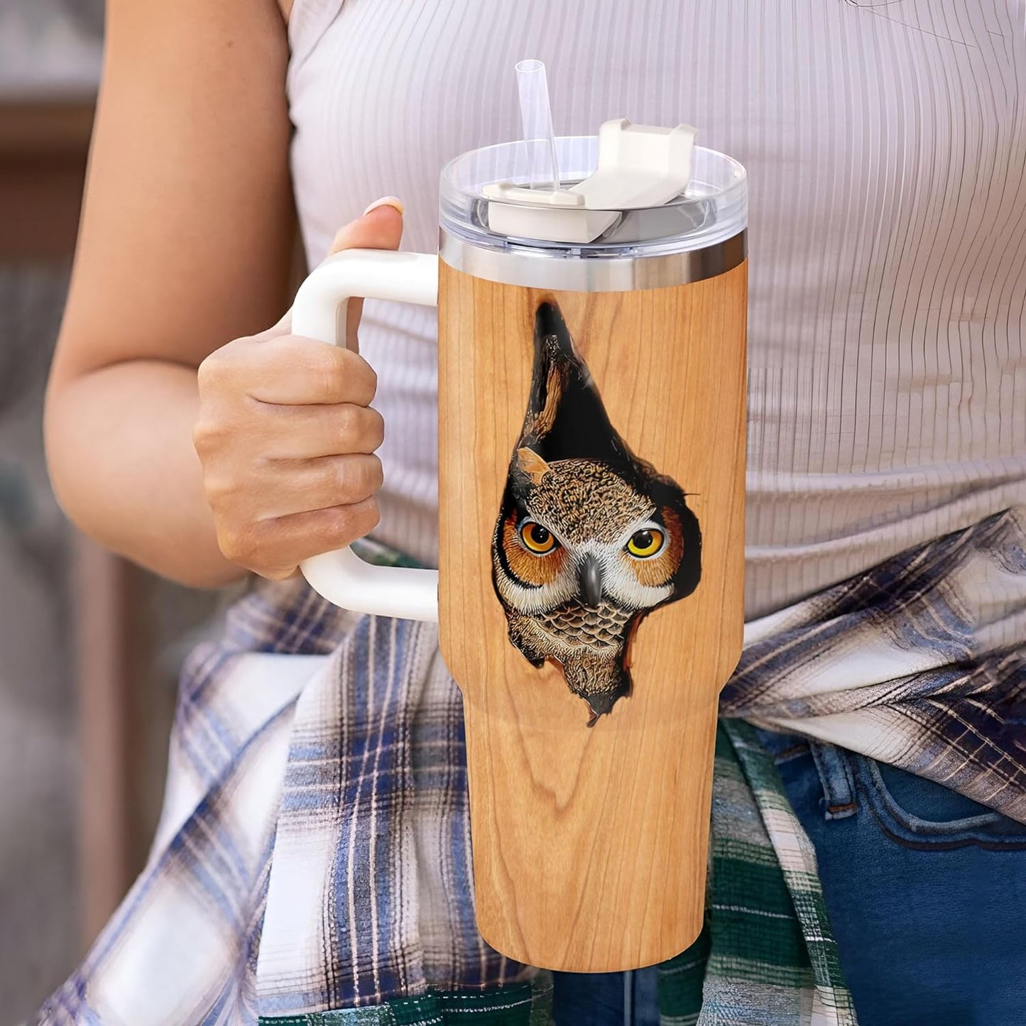 Rustic Wood Owl Tumbler 40oz with Handle & Straw – Personalized Stainless Steel Insulated Cup with Lid – Unique Gift for Owl Lovers