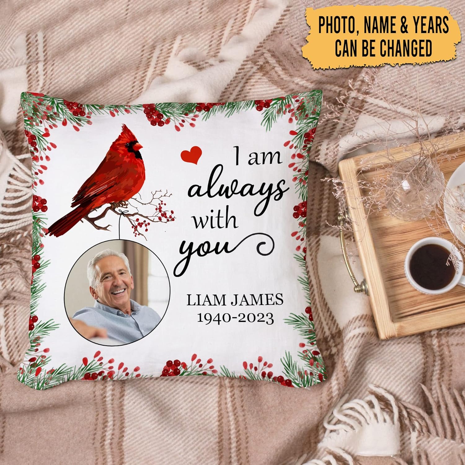 Personalized Cardinal Memorial Pillow with Insert – Custom Photo Bereavement Gift – Remembrance Throw Pillow for Loss