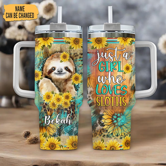 Sunflower Sloth Tumbler 40oz with Handle & Straw – Personalized Stainless Steel Insulated Travel Cup with Lid – Cute Gift for Sloth Lovers