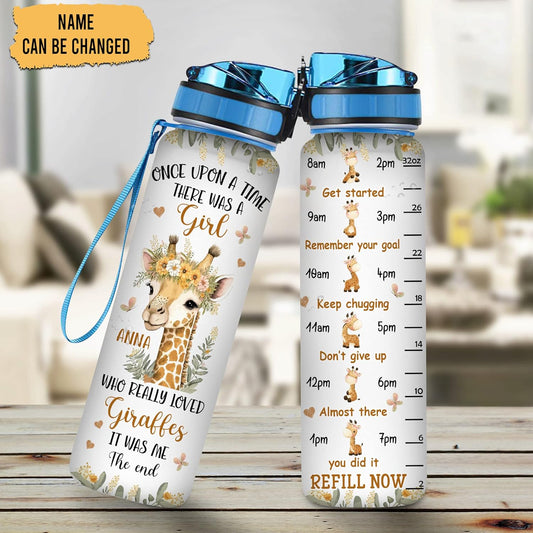 Girl Loves Giraffe Water Bottle Tracker 32oz – Personalized Motivational Hydration Bottle with Time Marker – Unique Gift for Giraffe Lovers