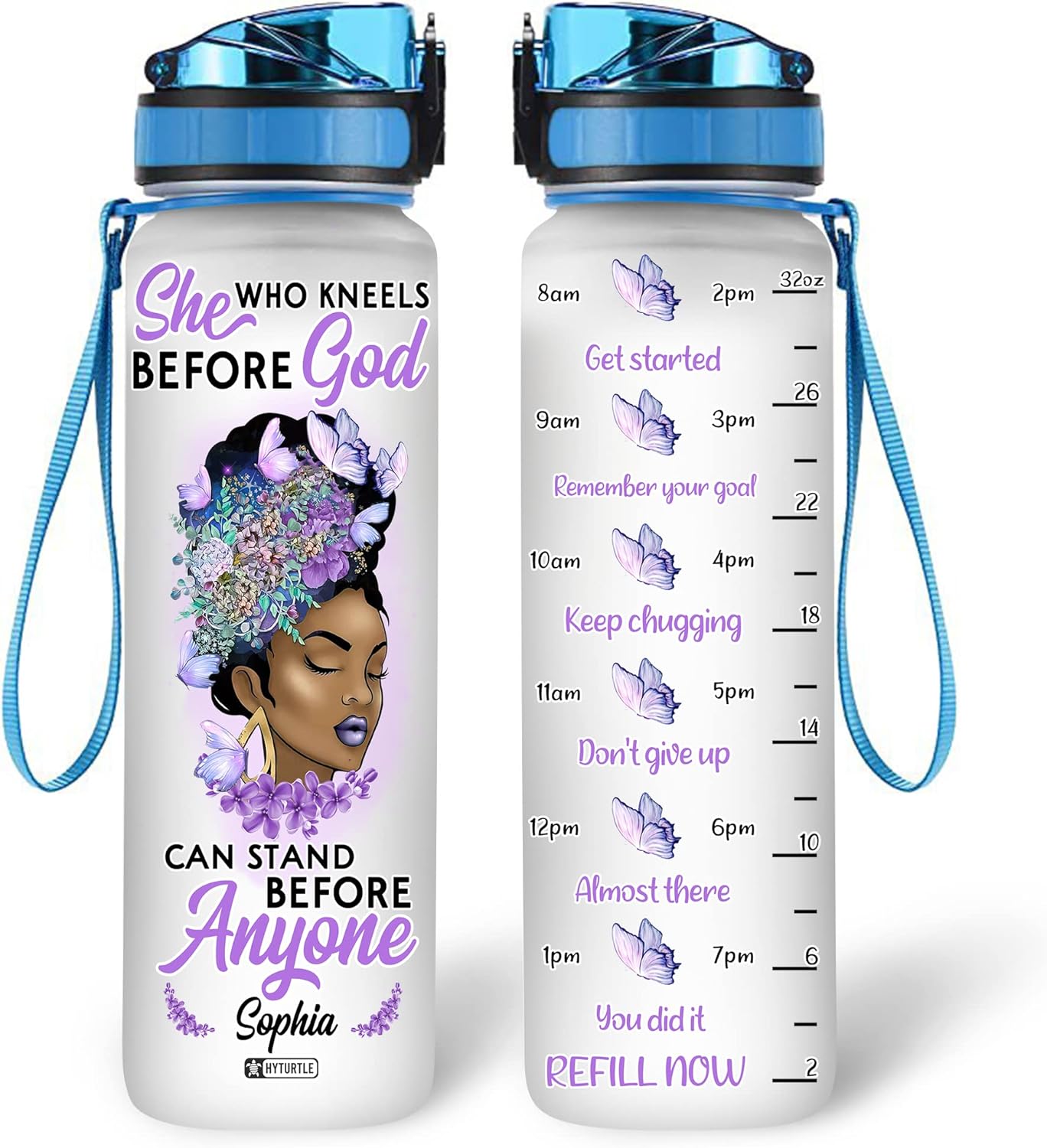 She Who Kneels Before God Water Bottle Tracker 32oz – Personalized Motivational Bottle with Time Marker – Faith Gift for Women