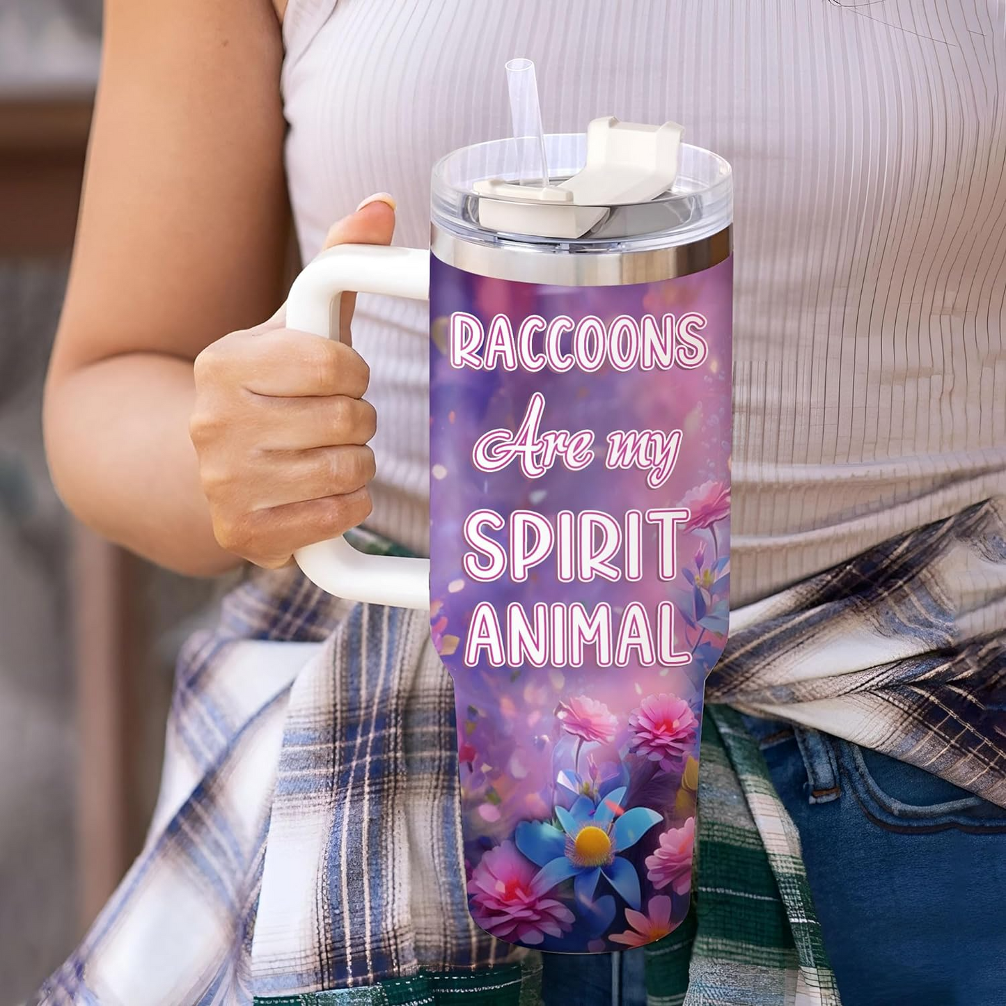 Raccoon Lover Tumbler 40oz with Handle & Straw – Personalized Stainless Steel Insulated Travel Cup with Lid – Unique Gift for Animal Lovers
