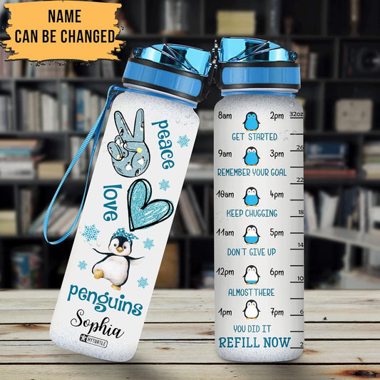 Penguins Snowflakes - Personalized Water Tracker Bottle 32oz