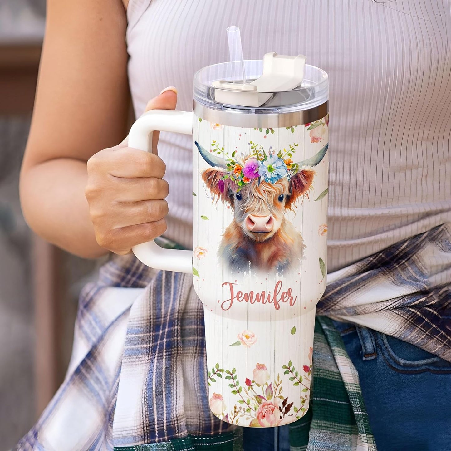 Highland Cow 40oz Tumbler with Handle & Straw – Personalized Stainless Steel Insulated Travel Cup with Lid – Unique Farm Animal Gift for Women