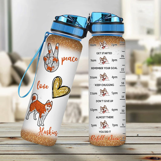 Peace Love Huskies Water Bottle Tracker 32oz – Personalized Motivational Hydration Bottle with Time Marker – Unique Gift for Dog Lovers