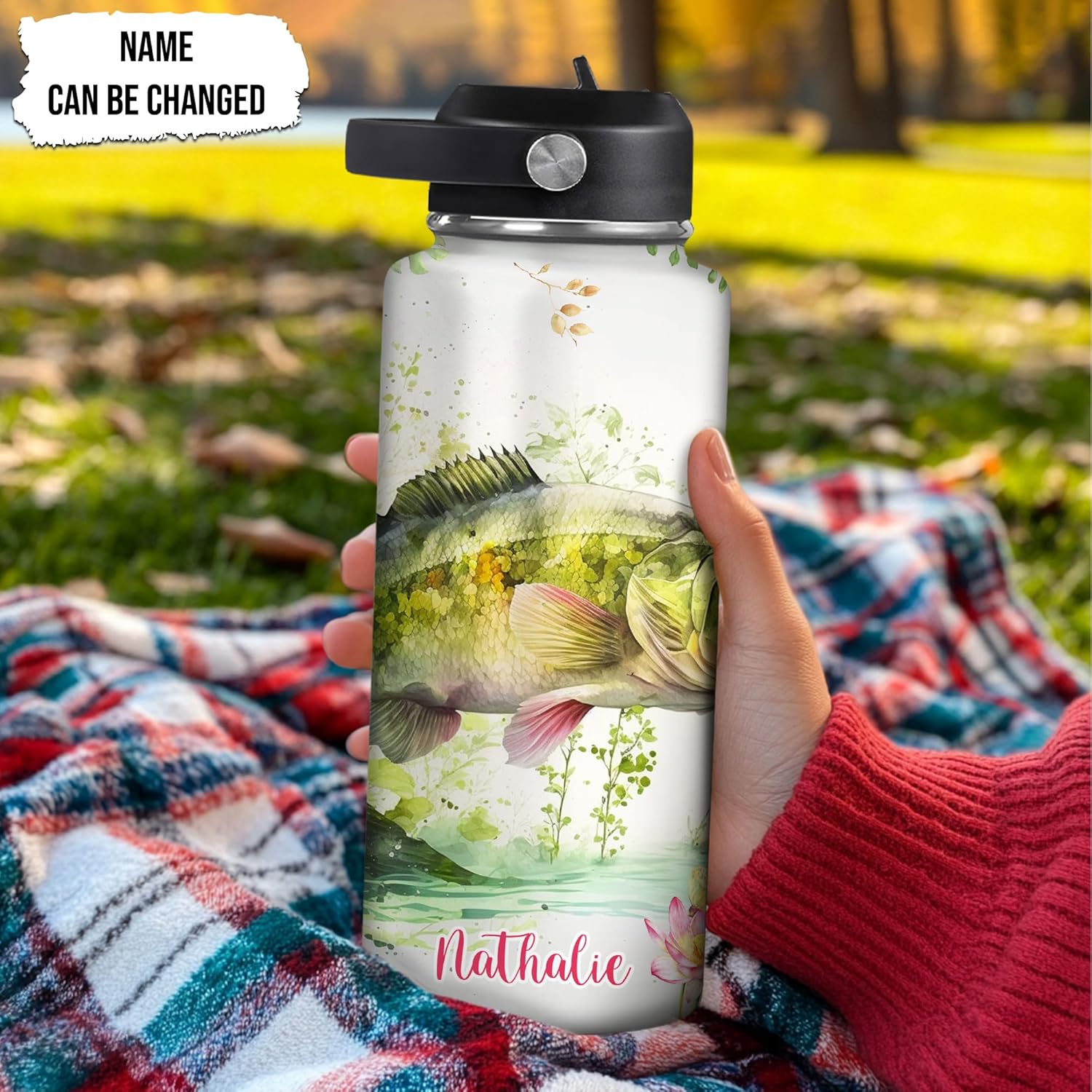 Bass Fishing Water Bottle 32oz – Personalized Stainless Steel Insulated Bottle with Leak-Proof Lid – Perfect Gift for Fishing Lovers