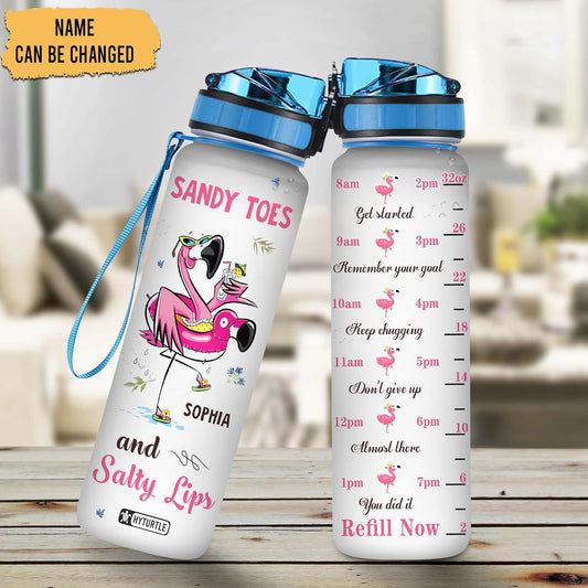 Flamingo Beach Theme Water Bottle Tracker 32oz – Personalized Hydration Bottle with Time Marker – Stylish Gift for Flamingo Lovers