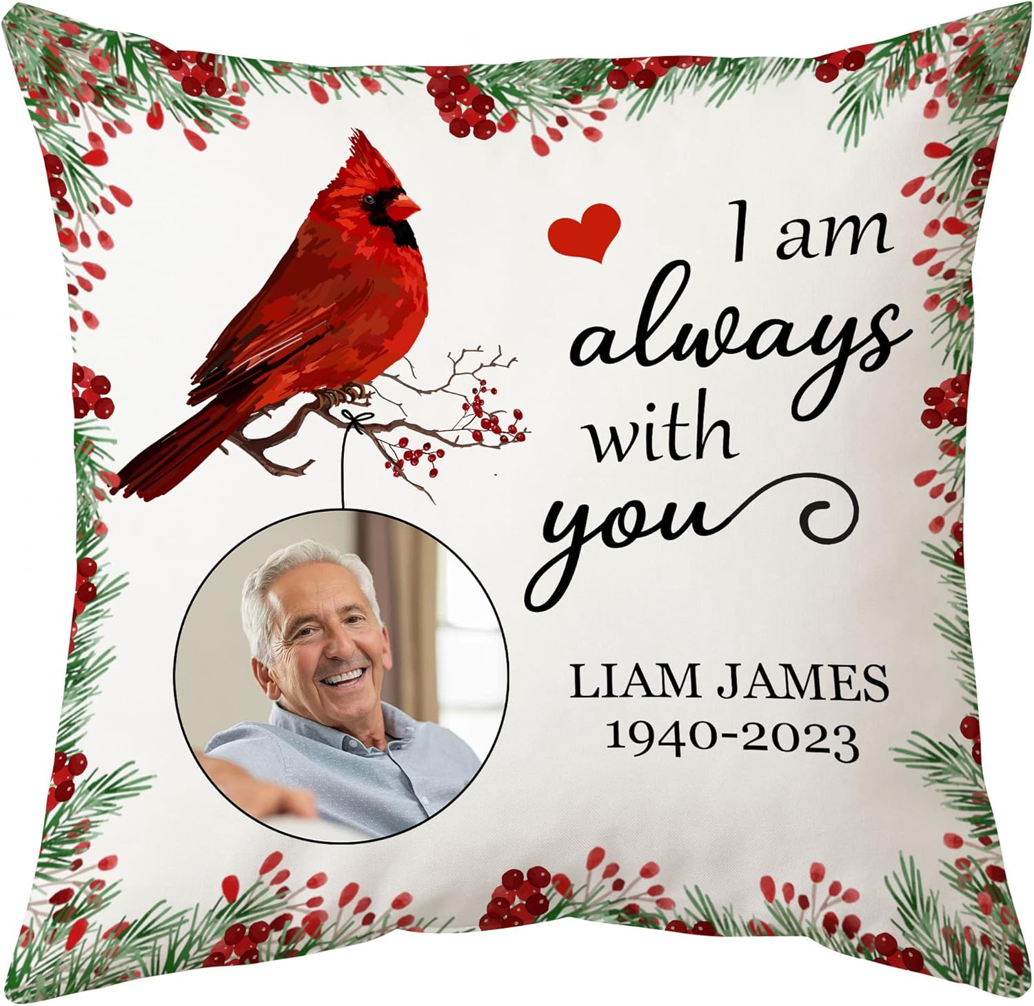 Personalized Cardinal Memorial Pillow with Insert – Custom Photo Bereavement Gift – Remembrance Throw Pillow for Loss