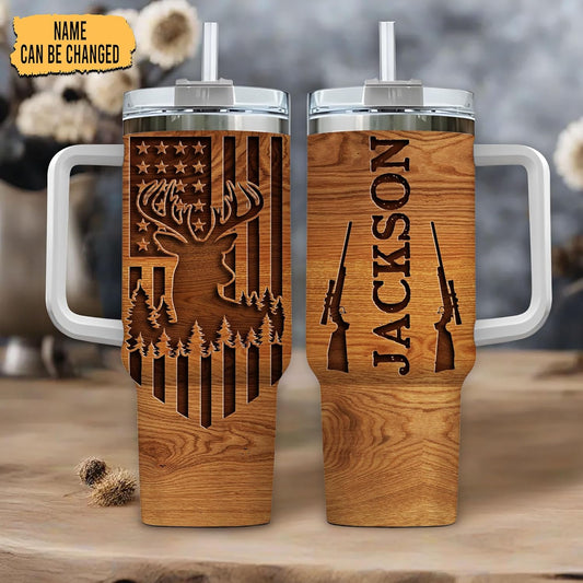 Deer Hunting Tumbler 40oz – Personalized Stainless Steel Insulated Travel Cup with Handle & Straw, Leak-Proof Lid – Rugged Gift for Hunters & Outdoorsmen