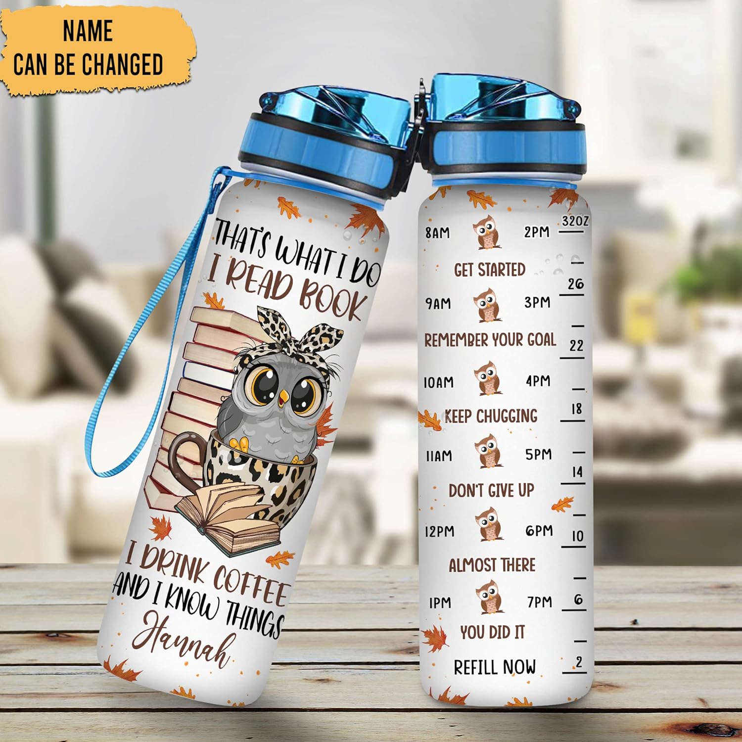 Owl Book Lovers Water Bottle Tracker 32oz – Personalized Hydration Bottle with Time Marker – Creative Gift for Readers