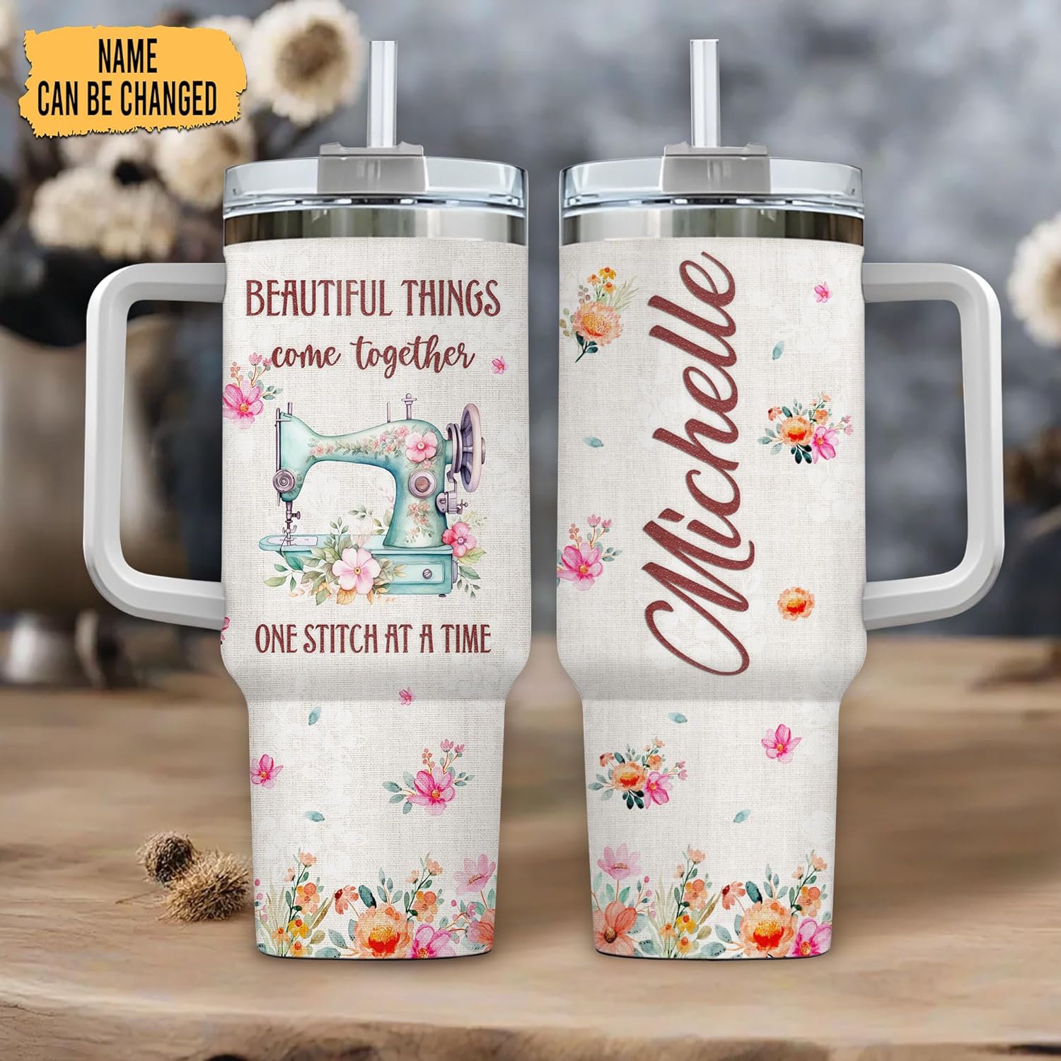 Floral Sewing Machine Tumbler 40oz with Handle & Straw – Personalized Stainless Steel Insulated Travel Cup with Lid – Creative Gift for Quilters & Sewing Lovers