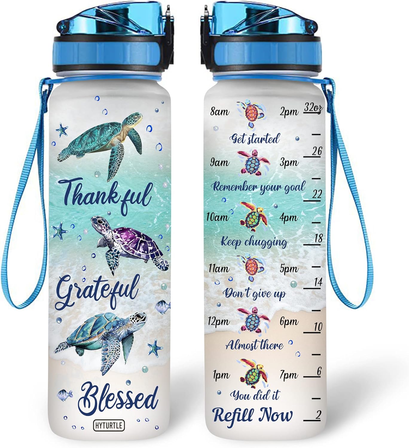 Thankful Grateful Blessed Turtle Water Bottle Tracker 32oz – Personalized Motivational Hydration Bottle – Unique Gift for Sea Turtle Lovers