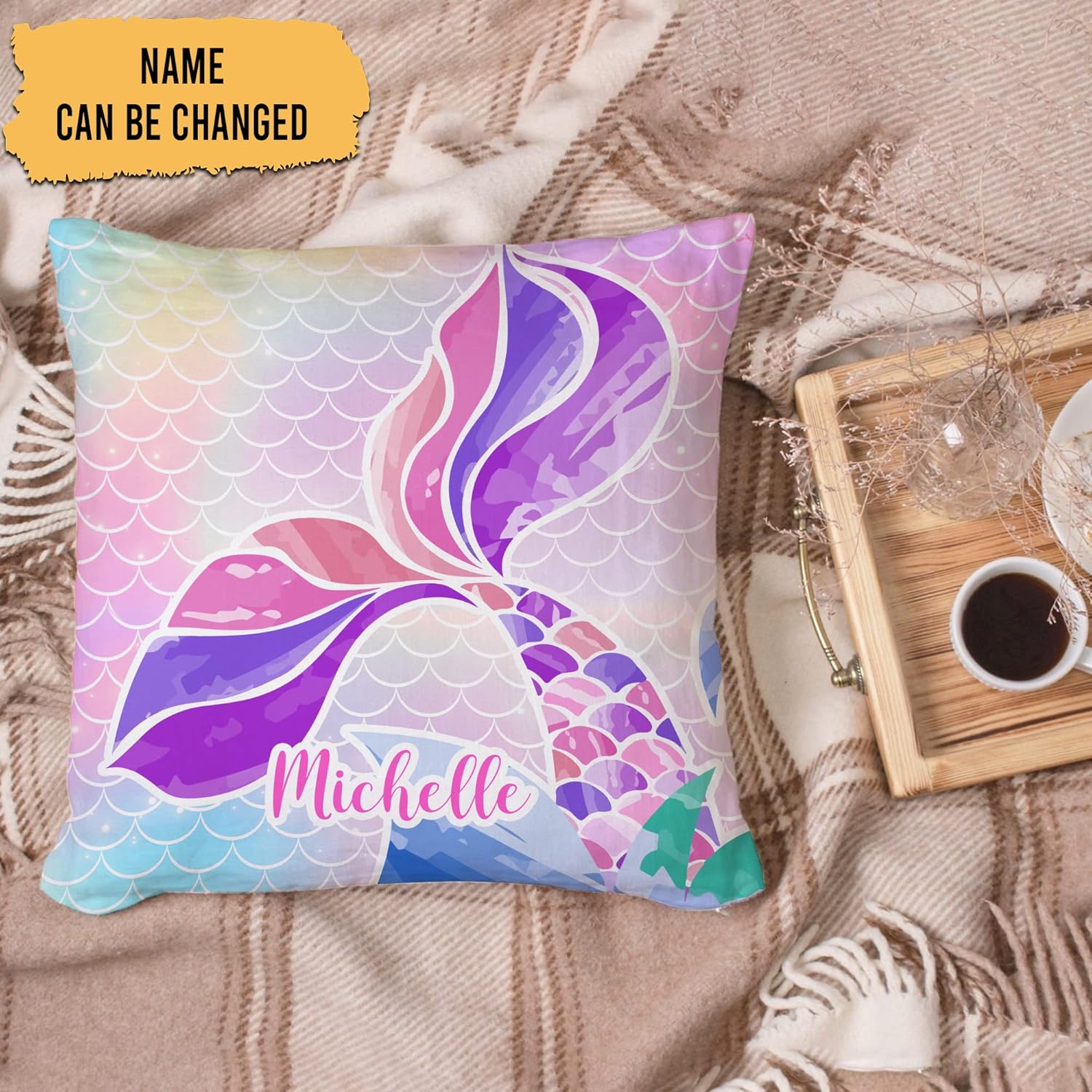 Mermaid Tail Personalized Pillow with Insert – Custom Name Cushion for Girls – Rainbow Scales Pastel Home Décor Gift for Mermaid Lovers