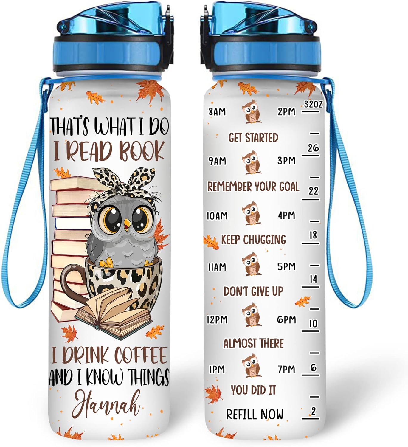 Owl Book Lovers Water Bottle Tracker 32oz – Personalized Hydration Bottle with Time Marker – Creative Gift for Readers