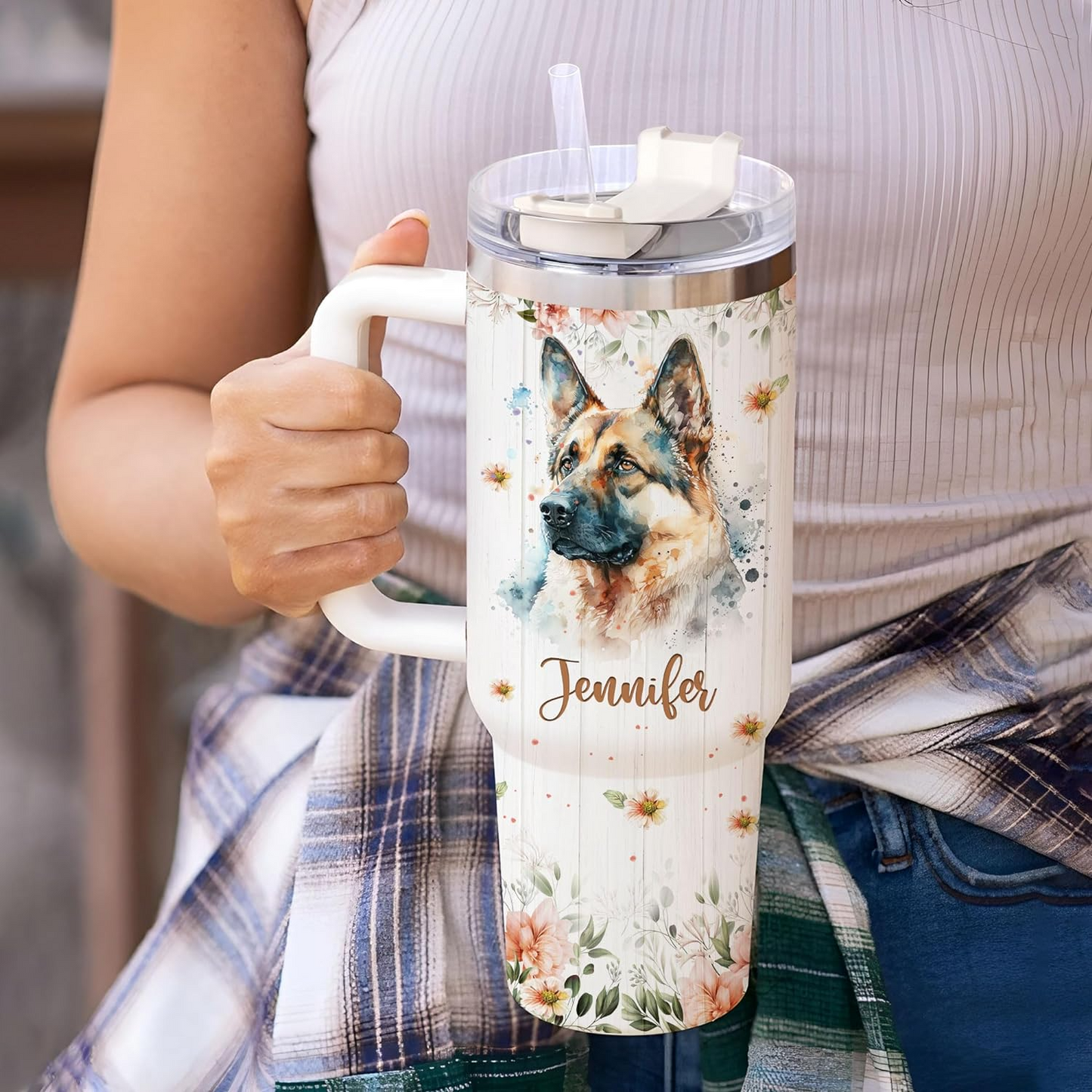 German Shepherd Lover Tumbler 40oz with Handle & Straw – Personalized Stainless Steel Cup with Lid – Thoughtful Gift for Dog Lovers
