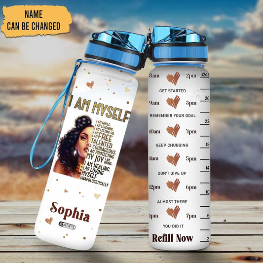 Empowering Black Women Water Bottle Tracker 32oz – Personalized Motivational Bottle with Time Marker – Stylish Gift of Self-Love