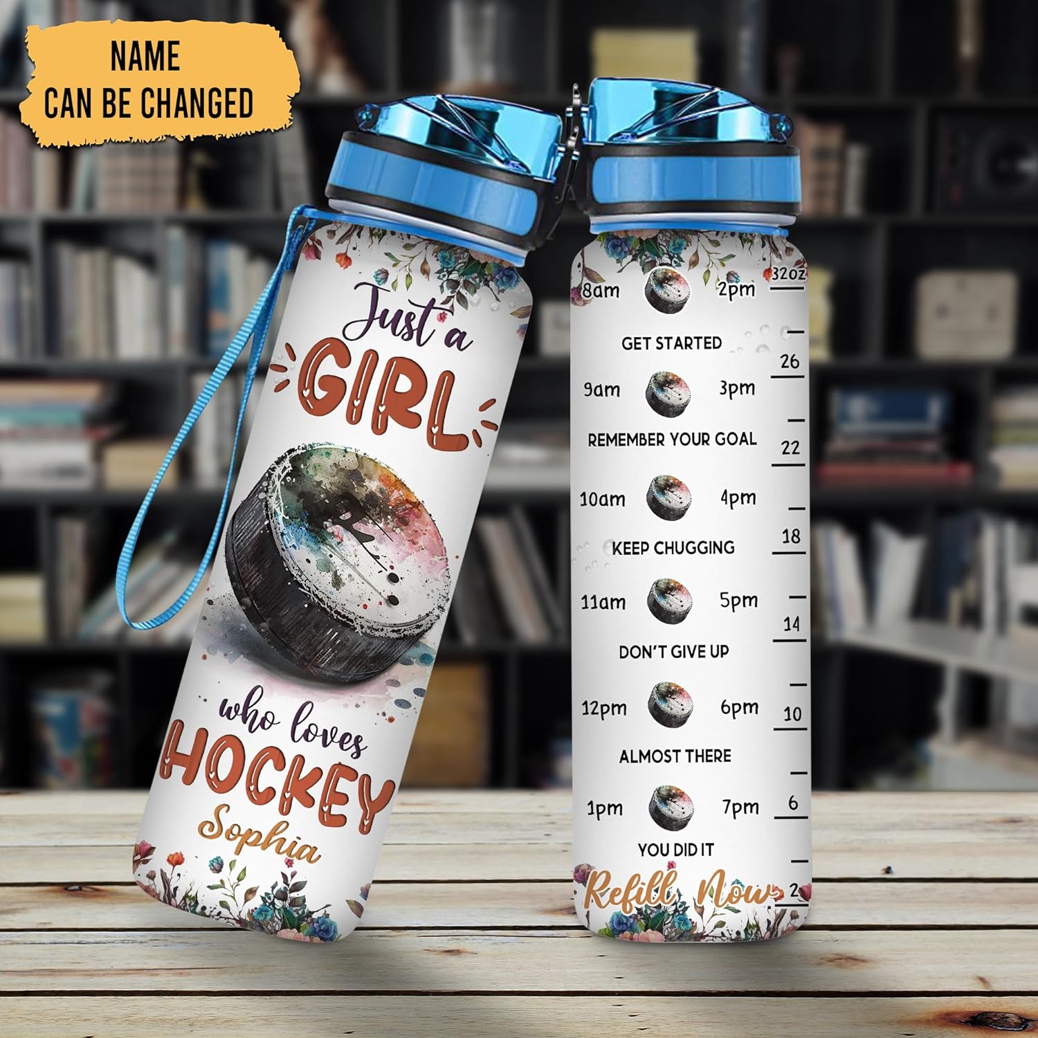 Hockey Lovers Water Bottle Tracker 32oz – Personalized Motivational Hydration Bottle with Time Marker – Sporty Gift for Women, Girls on Birthday, Graduation