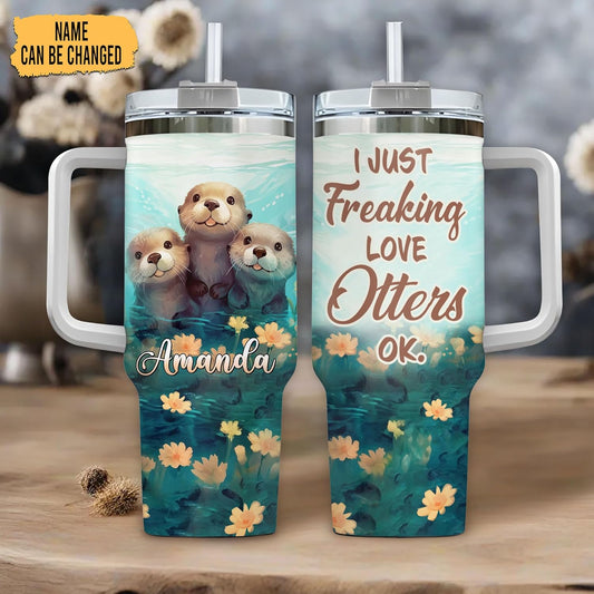 Cute Otter Tumbler 40oz with Handle & Straw – Personalized Stainless Steel Insulated Travel Cup with Lid – Adorable Gift for Otter Lovers