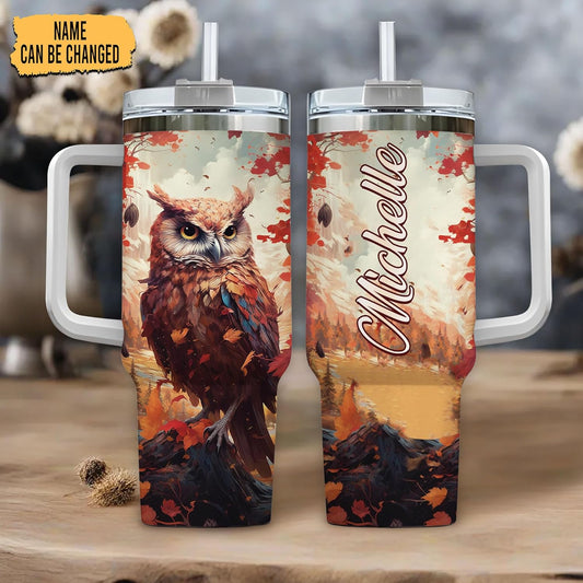 Fall Owl Tumbler 40oz – Personalized Stainless Steel Insulated Travel Cup with Handle & Straw, Leak-Proof Lid – Stylish Autumn Gift for Owl Lovers