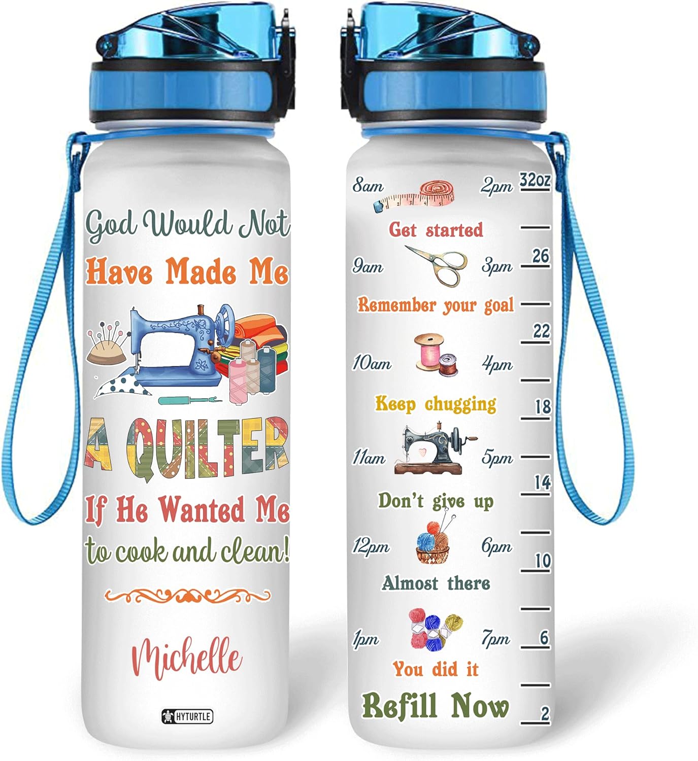 Quilter Sewing Theme Water Bottle Tracker 32oz – Personalized Motivational Hydration Bottle – Creative Gift for Sewing Lovers