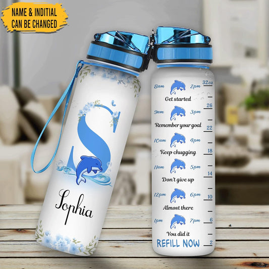 Dolphin Initial Water Bottle Tracker 32oz Personalized – Ocean Lover’s Hydration Bottle with Time Marker – Unique Gift for Girls & Women
