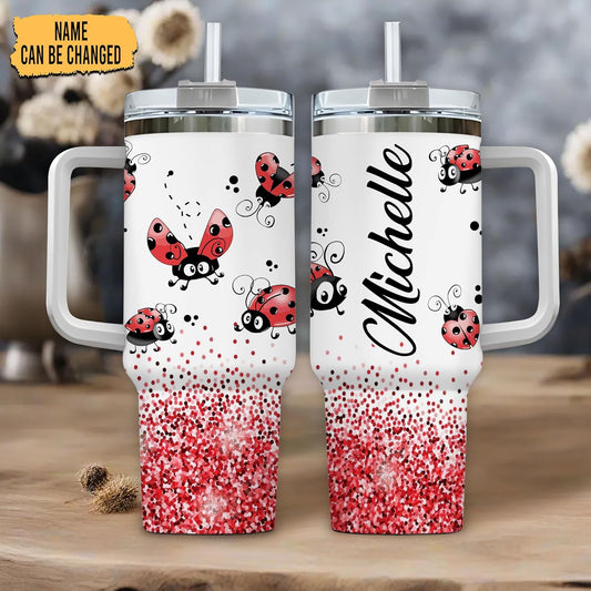Cute Ladybug Glitter Tumbler 40oz with Handle & Straw – Personalized Stainless Steel Travel Cup with Lid – Adorable Gift for Ladybug Lovers