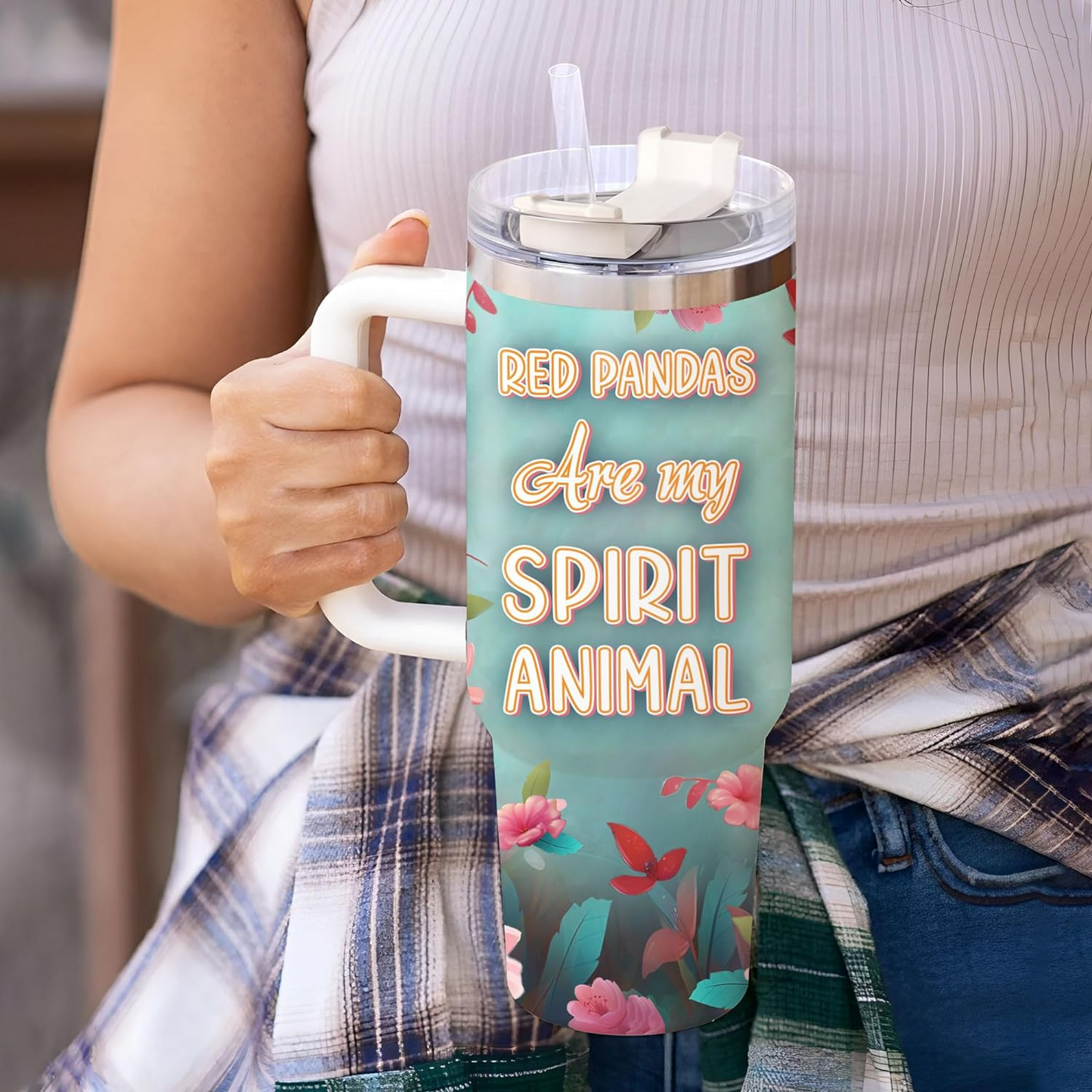 Red Panda Lover Tumbler 40oz with Handle & Straw – Personalized Stainless Steel Insulated Cup with Lid – Unique Christmas Gift for Animal Fans