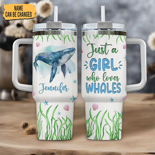 Whale Ocean Lover Tumbler 40oz – Personalized Stainless Steel Insulated Cup with Handle & Straw, Watercolor Marine Art – Stylish Gift for Women & Girls