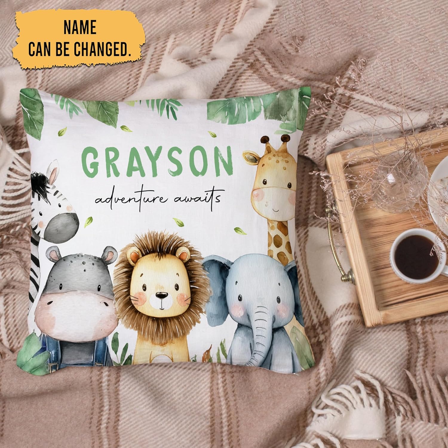 Safari Adventure Personalized Nursery Pillow with Insert – Custom Name Baby Animal Cushion – Adorable Gift for Baby Boy or Girl