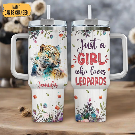 Leopard Watercolor Tumbler 40oz – Personalized Stainless Steel Insulated Cup with Handle & Straw – Stylish Gift for Leopard Lovers