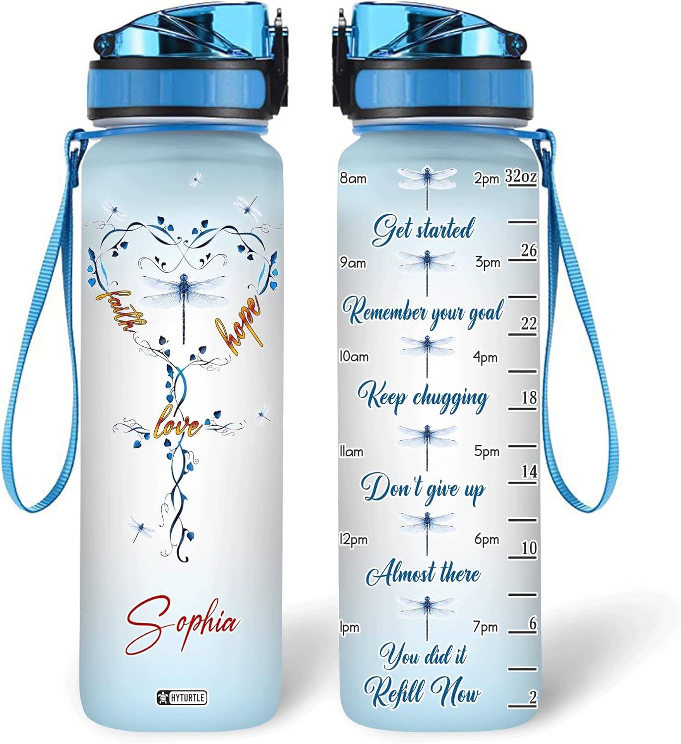 Dragonfly Theme Bottle - Personalized Water Tracker Bottle 32oz