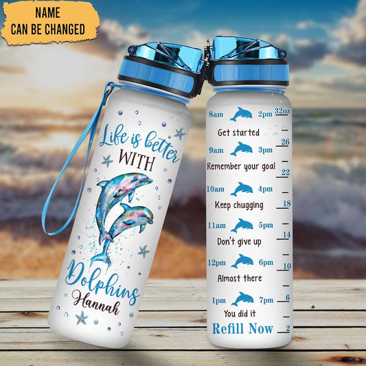 Life Is Better with Dolphins Water Bottle Tracker 32oz – Personalized Motivational Hydration Bottle with Time Marker – Cute Gift for Dolphin Lovers