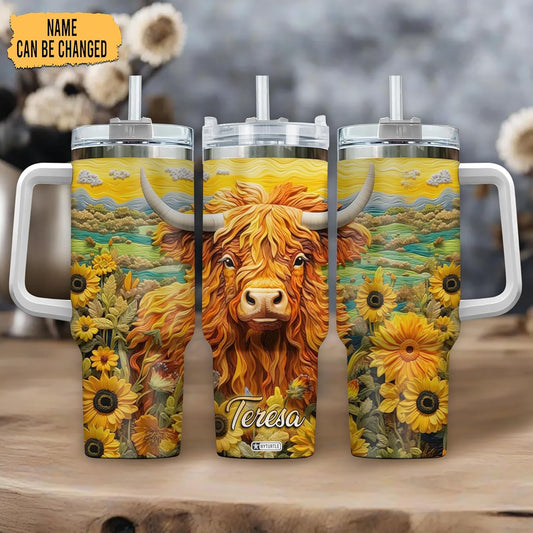 Highland Cow & Sunflower Tumbler 40oz with Handle & Straw – Personalized Stainless Steel Insulated Travel Cup with Lid – Farm Animal Lover Gift for Women