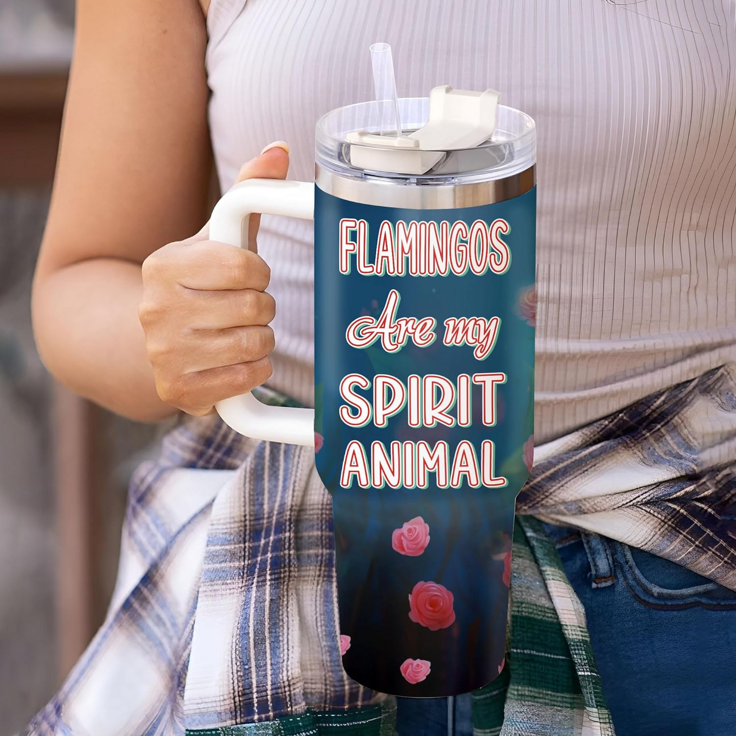 Flamingo Lover Tumbler 40oz with Handle & Straw – Personalized Stainless Steel Insulated Cup with Lid – Stylish Birthday Gift for Animal Lovers
